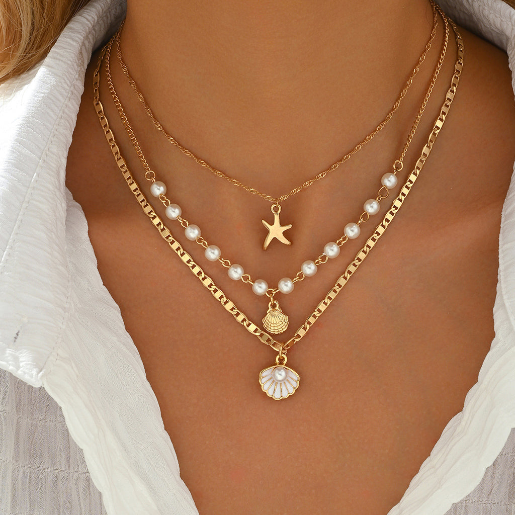 Marine Starfish Shell Layered Pendant Necklace