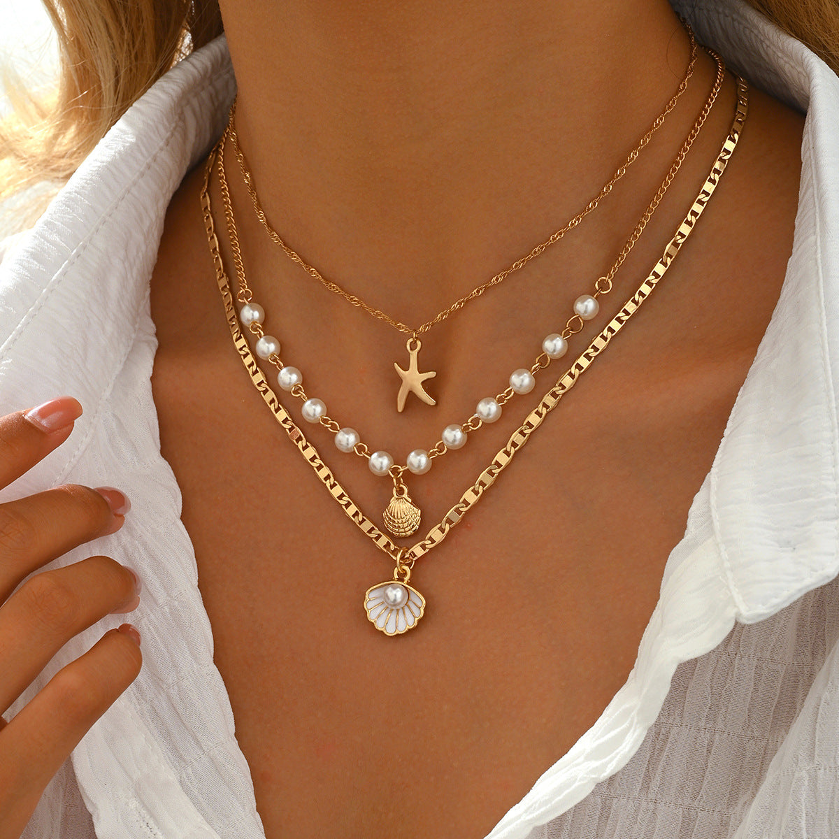 Marine Starfish Shell Layered Pendant Necklace