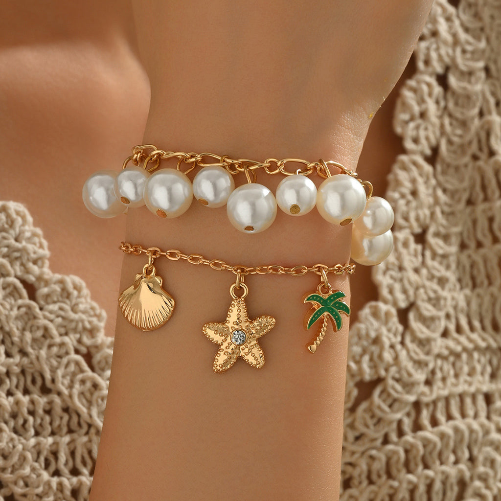 Pearl Beaded Charm Bracelet Set with Alloy Chain