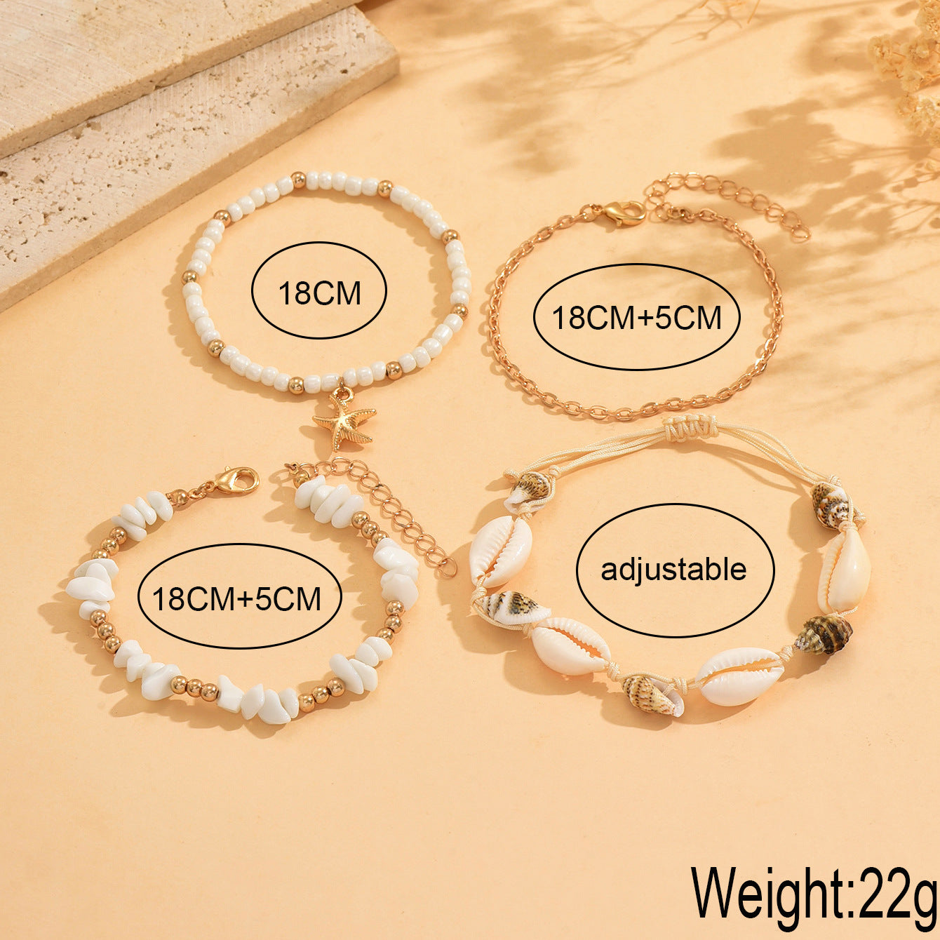 Shell Charm Bracelet Set with Alloy Chain