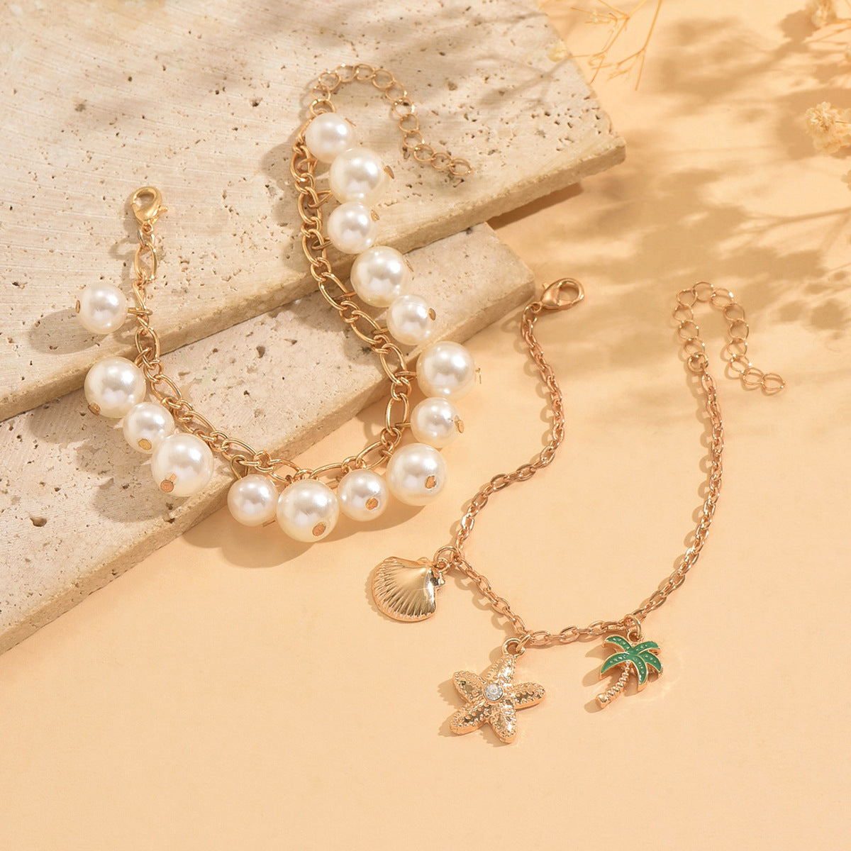 Pearl Beaded Charm Bracelet Set with Alloy Chain