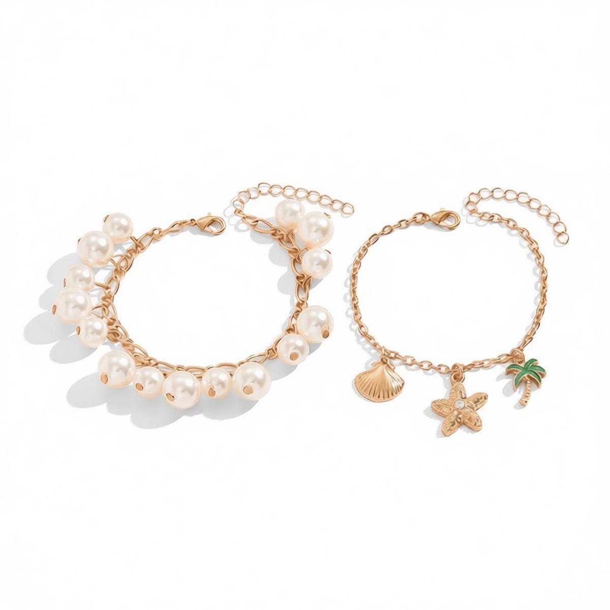 Pearl Beaded Charm Bracelet Set with Alloy Chain