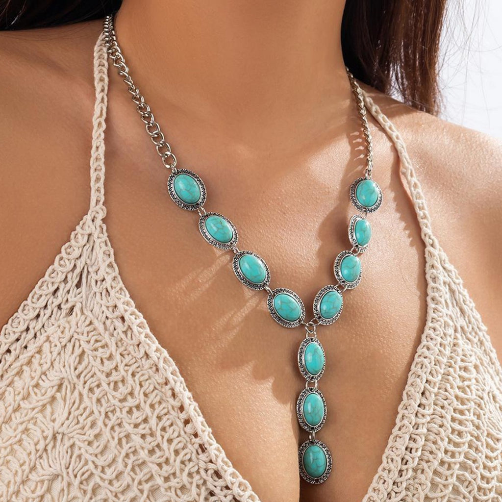 Turquoise Stone Pendant Necklace with Alloy Chain