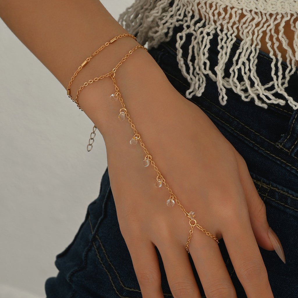 Glass Bead Hand Chain Bracelet with Ring Connector