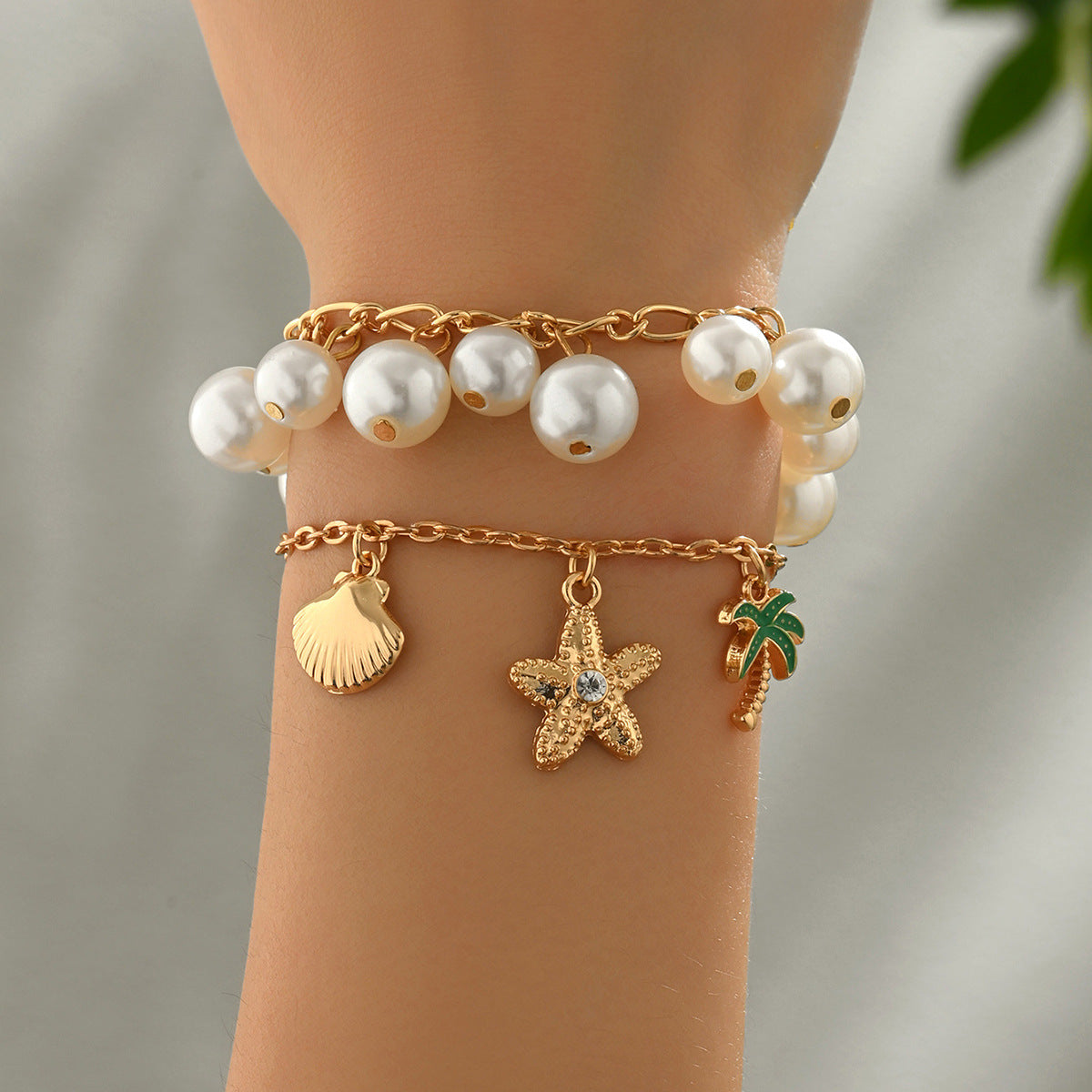 Pearl Beaded Charm Bracelet Set with Alloy Chain