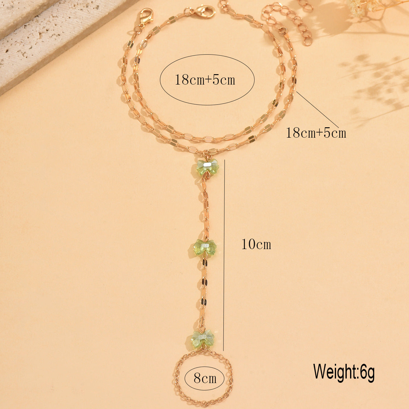 Glass Bead Hand Chain Bracelet with Ring Connector