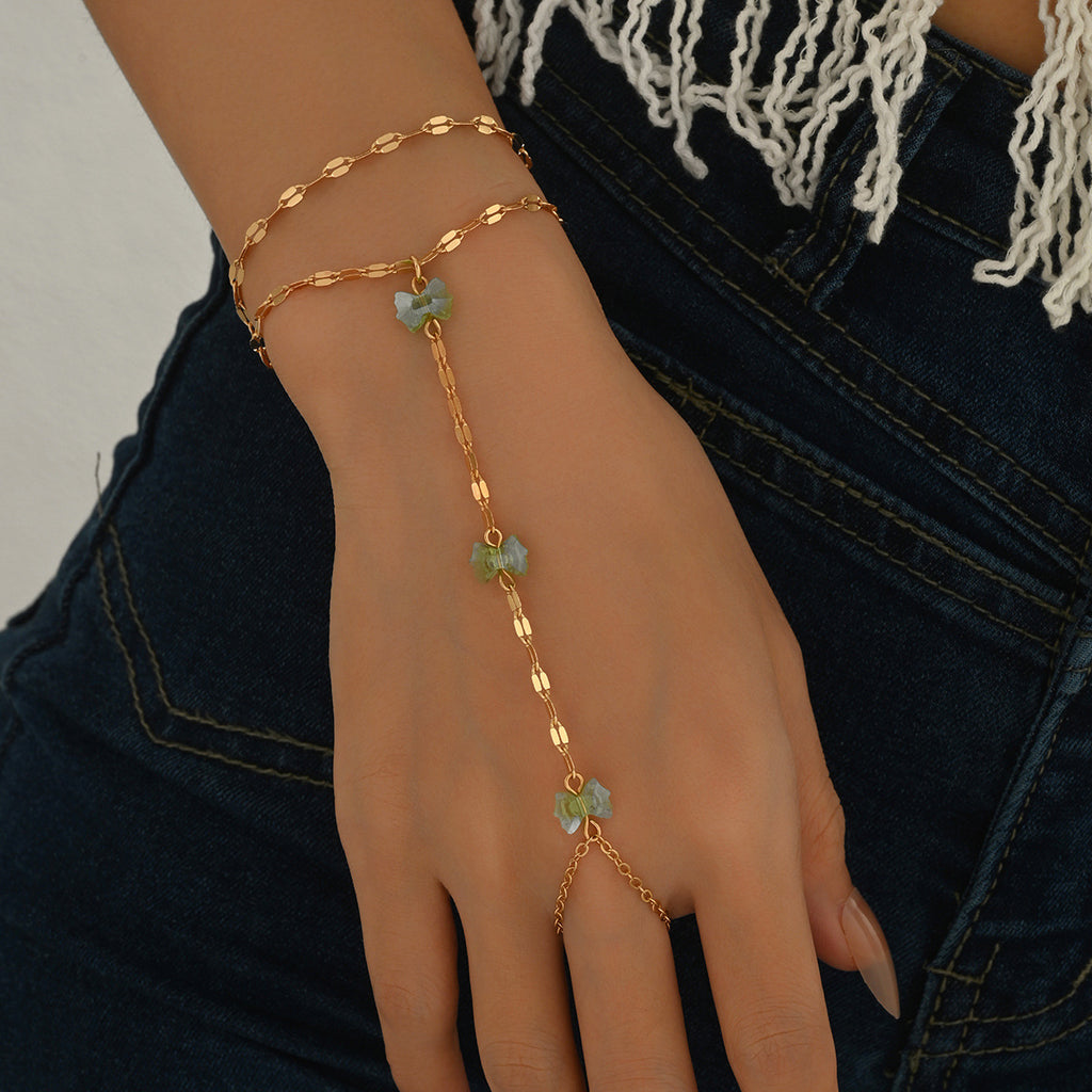 Glass Bead Hand Chain Bracelet with Ring Connector
